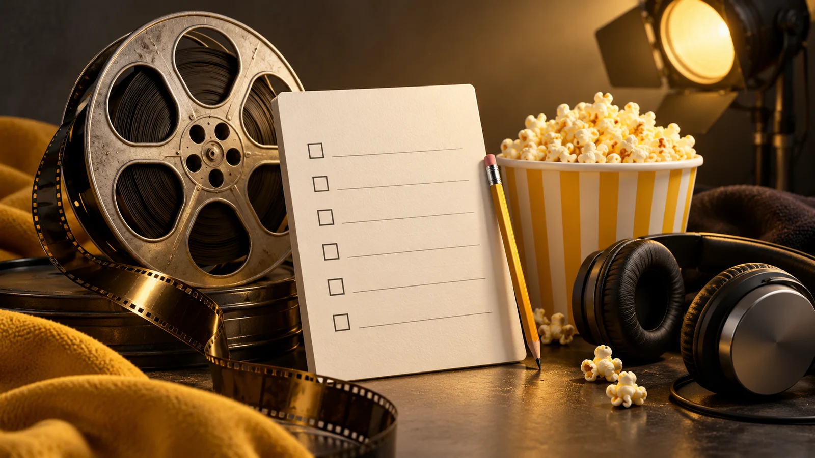 Un bodegón ordenado de preparación cinematográfica con una tarjeta de lista de verificación en blanco, lápiz, carrete de película, auriculares y palomitas de maíz bajo un cálido foco; marfil, carbón y amarillo brillante.
