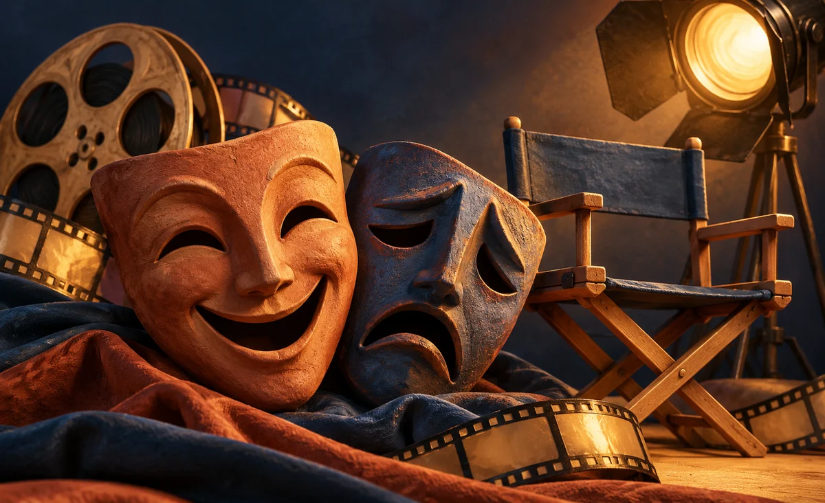 Dos máscaras de teatro de arcilla abstracta expresiva junto a una silla de director y un marco de película suavemente iluminado, formas originales sin gente reconocible; terracota, crema azul profundo y dorada.