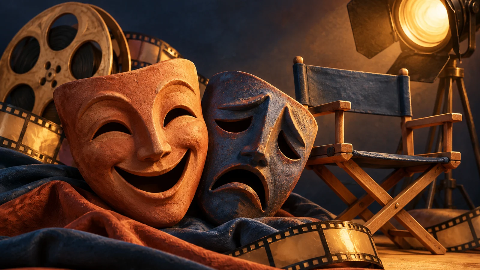 Dos máscaras de teatro de arcilla abstracta expresiva junto a una silla de director y un marco de película suavemente iluminado, formas originales sin gente reconocible; terracota, crema azul profundo y dorada.